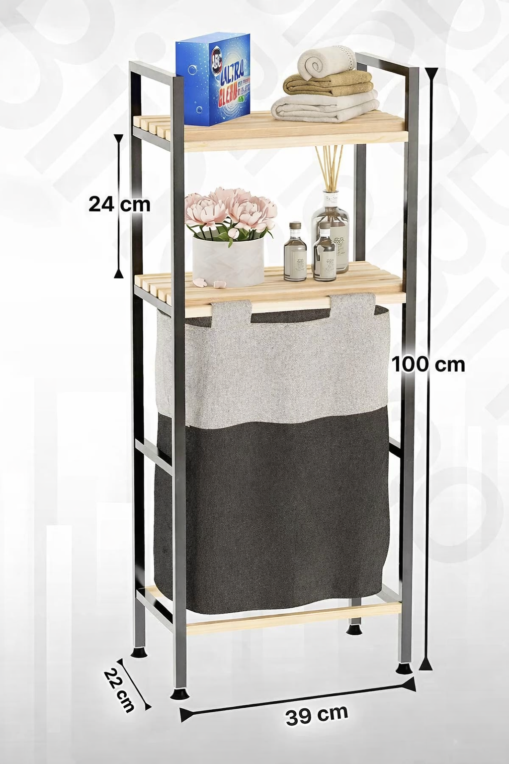 Çamaşır Sepeti Ahşap Raflı Kirli Sepeti 2 Katlı Büyük Boy Kapaklı Çok Amaçlı Banyo Düzenleyici